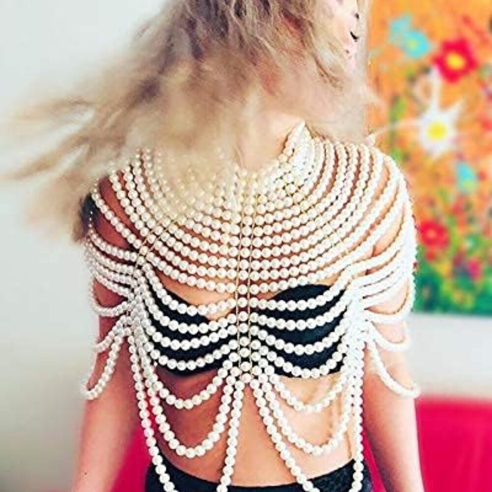 Pearl Body Chain Bra - Fashion Shoulder Necklaces Bra Chain Body Jewelry - Picture 5 of 6